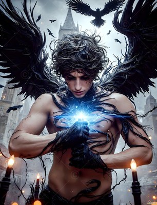 With black wings outside castle spires, a shirtless man holds bright blue light to his chest
