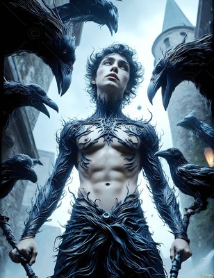 A shirtless man in spiky black feathers looks up as big ravens circle castle walls