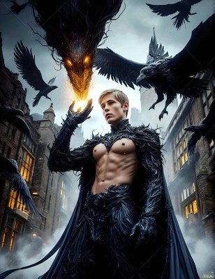 On a misty street, a shirtless blond man in black feathers summons ravens