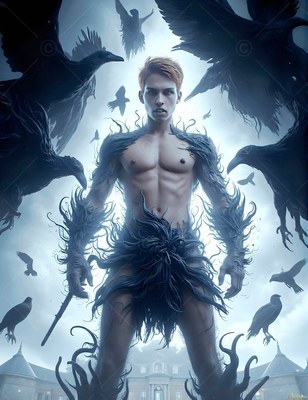 Standing with a wand, a shirtless man covered in dark tendrils looks forward as ravens fly around him