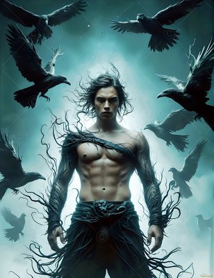 A shirtless man wearing dark vine wraps stands in pale blue mist surrounded by flying ravens