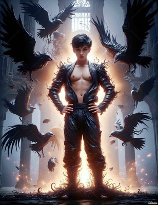 Standing front and center in a stone hall, a young man poses with ravens flying around him