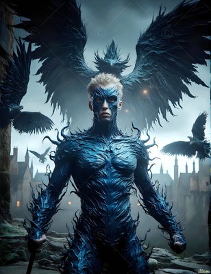 A man in a blue feathered suit stands before large black ravens