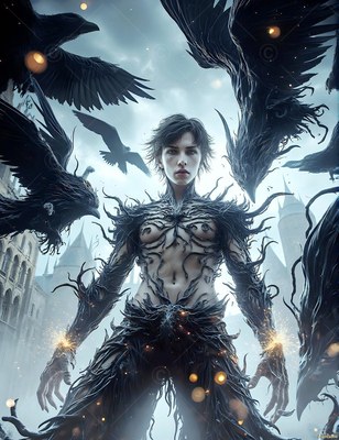 Wearing spiky black branch armor, a slender man stands outdoors beneath black ravens and castles