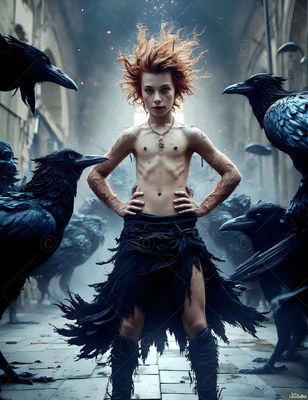 A slender young man poses standing with black ravens in a stone hall lit by cool gray daylight