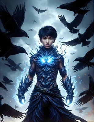Standing facing forward outdoors, a young man wears black feather armor under flying ravens