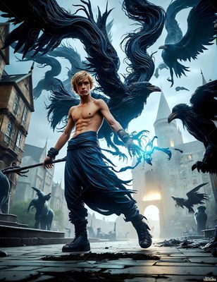 In a castle courtyard, a shirtless man holds a staff near black ravens