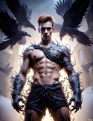Standing strong, a muscular man with black clawed arms summons flying ravens
