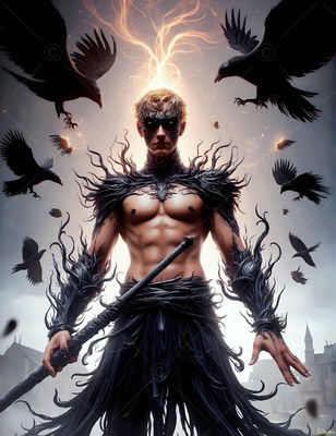 Shirtless man in feathered black armor surrounded by black birds flying