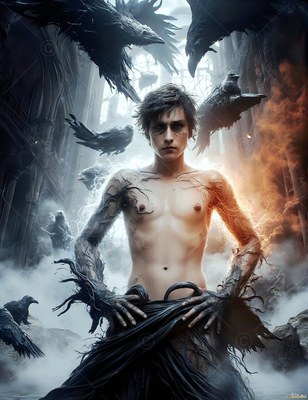 Facing forward in a foggy castle hall, a shirtless man with flying black ravens