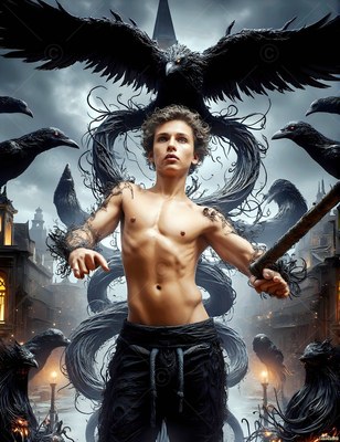 A shirtless young man in black pants stands outdoors encircled by large black ravens