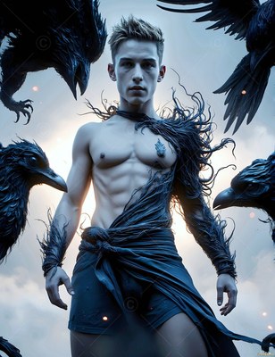 Under a pale sky, a shirtless man in torn black cloth stands surrounded by ravens