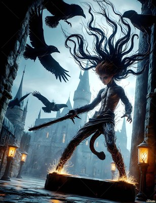Holding a dark blade, a wild-haired man stands outside a castle as black ravens fly overhead