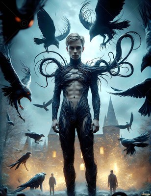 A young man in a black root suit stands with flying black ravens