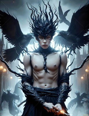 Spiky black hair frames a pale shirtless man surrounded by flying ravens on a misty castle street
