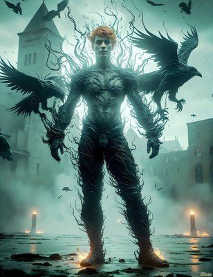 A man stands with dark ravens flying beside him under a pale green sky
