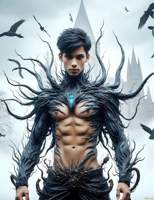 Standing straight outside a castle, a shirtless man wears dark feather armor