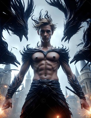 Outside a gray castle, a shirtless man stands surrounded by black ravens