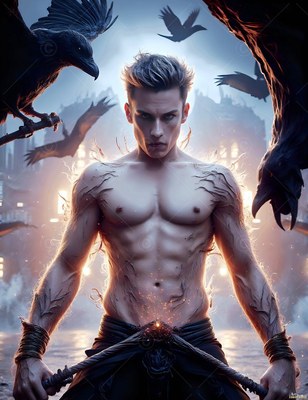 Standing bare-chested under bright light, a man is surrounded by flying black ravens
