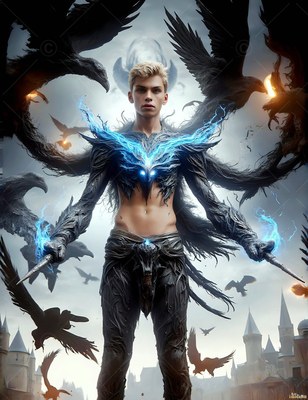 A blond man holding wands surrounded by black ravens