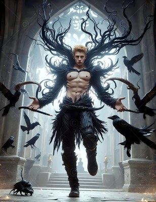 Walking forward, a bare-chested blond man in dark feathers summons black ravens in a stone hall