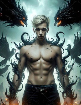 A shirtless blond man stands with black ravens in mist