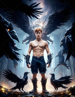 A shirtless young man stands among black ravens under cold blue light