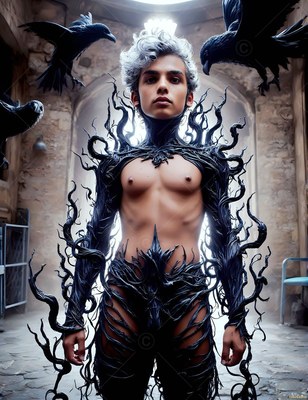 A silver-haired man wearing black branchlike armor stands as dark ravens fly around him