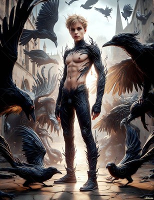 In a stone courtyard, a slender young man stands ringed by black ravens