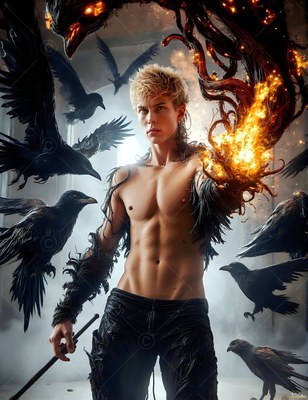Holding fire in his feathered hand, a shirtless blond man stands among black ravens