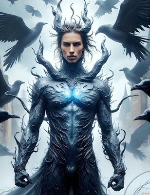 A horned man in dark armor surrounded by flying ravens outdoors