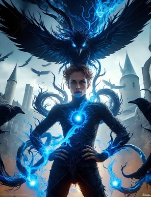 In a tight dark suit, a man stands with a fiery raven above his head outside a castle
