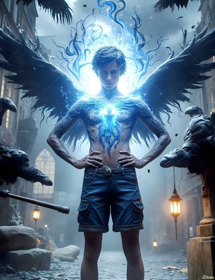 A winged man poses standing with hands on his hips as bright blue fire rises from his chest