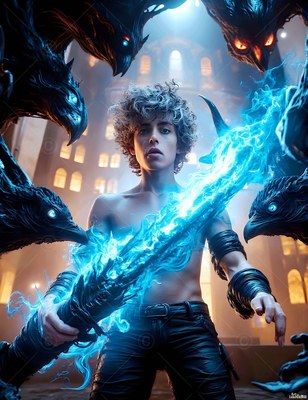Facing forward in a stone hall, a shirtless man holds a bright blue flaming staff