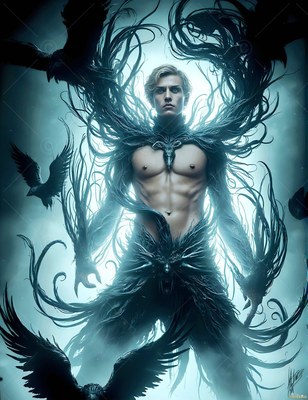 A shirtless man poses standing surrounded by flying black ravens in cool blue fog
