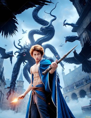 In a castle courtyard, a shirtless young man in a blue cape holds a wand with ravens flying nearby