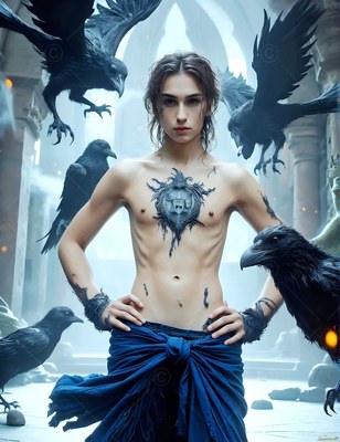 A shirtless man in blue cloth stands with black ravens around him