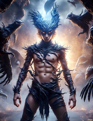 Black feather tendrils wrap around a bare-chested man standing in a smoky sky near flying ravens