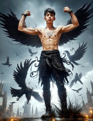 A shirtless young man flexes his arms with black wings spread under a gray sky