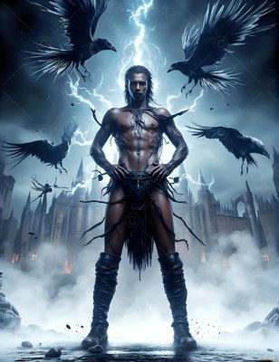 Standing under lightning, a shirtless man in leather boots poses with flying black ravens