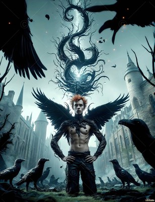 A shirtless man with black wings stands outside a castle with ravens
