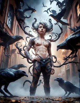Curled dark horns rise from a shirtless man surrounded by flying black ravens in a narrow stone street