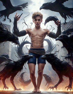 A barefoot young man raises his arms as black ravens gather in smoky golden light
