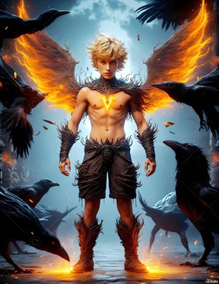 A young blond man with fiery wings stands surrounded by black ravens on a stone floor