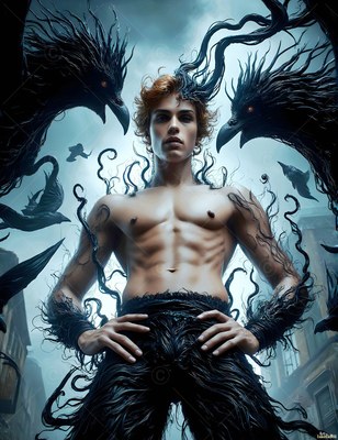 In a dim city street, a shirtless man stands framed by large black ravens