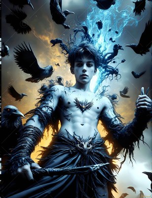 Holding a staff, a shirtless young man poses standing under blue lightning as black ravens fly around him