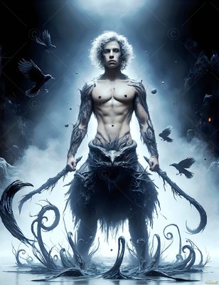 A shirtless man holding two dark curved blades surrounded by ravens