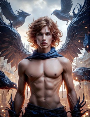 A shirtless young man with dark feather wings stands surrounded by flying black ravens