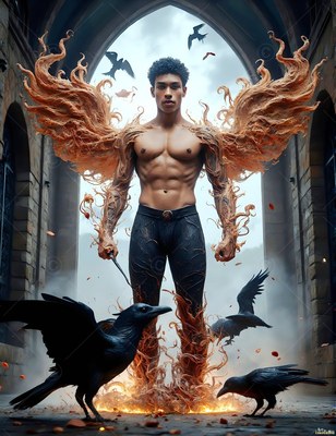 In a stone archway, a shirtless man with fiery wings stands among black ravens