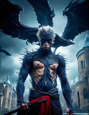 A shirtless man in dark thorn armor stands with giant ravens behind him